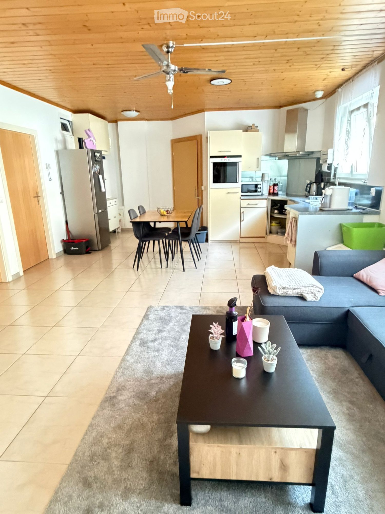 Open-plan living and dining area with a grey sofa, coffee table, dining table with chairs, and a modern kitchen featuring white cabinets, stainless steel appliances, and a ceiling fan.