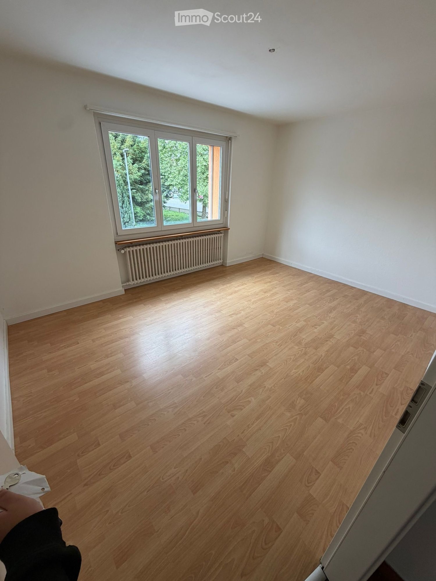 Empty room with wooden flooring, white walls, large window with radiator below, and a door visible on the right side.