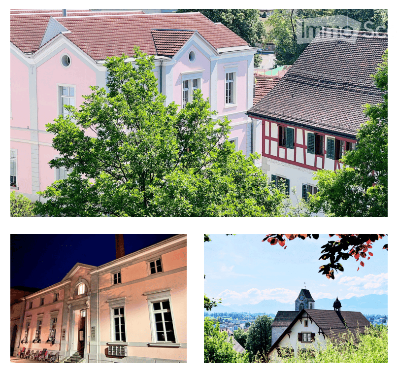 Four distinct buildings are shown, each with unique architectural styles and colors, surrounded by lush greenery and trees.