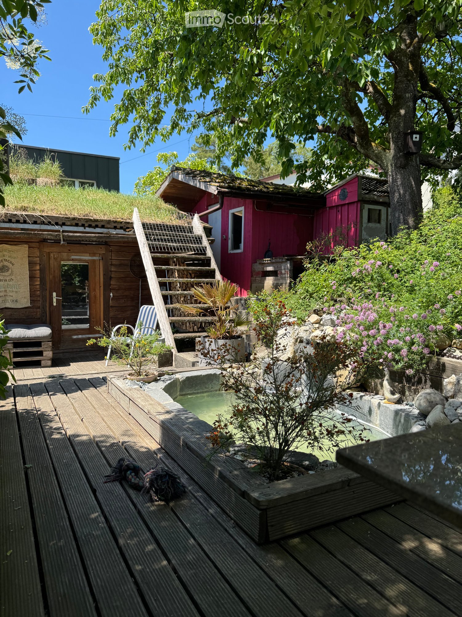 A serene garden area with a small pool, wooden decking, potted plants, and colorful flowers, surrounded by trees and small structures.