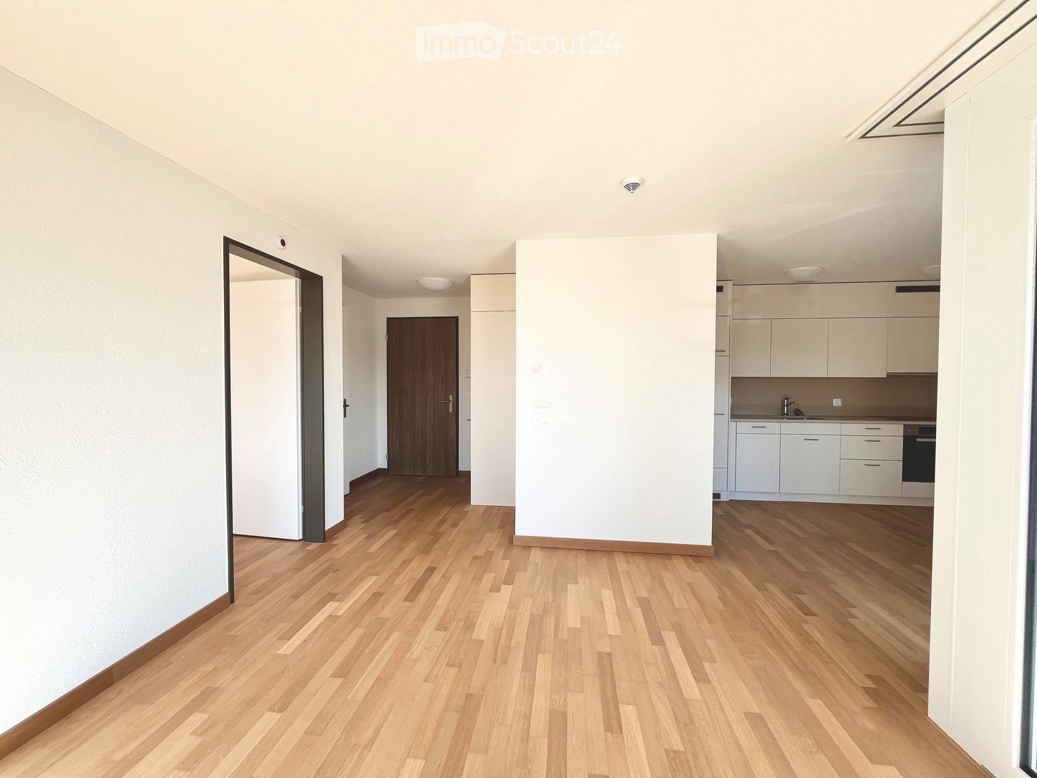 Modern room with white walls, hardwood floors, open door, kitchen with white cabinets and black oven, ceiling with recessed lighting