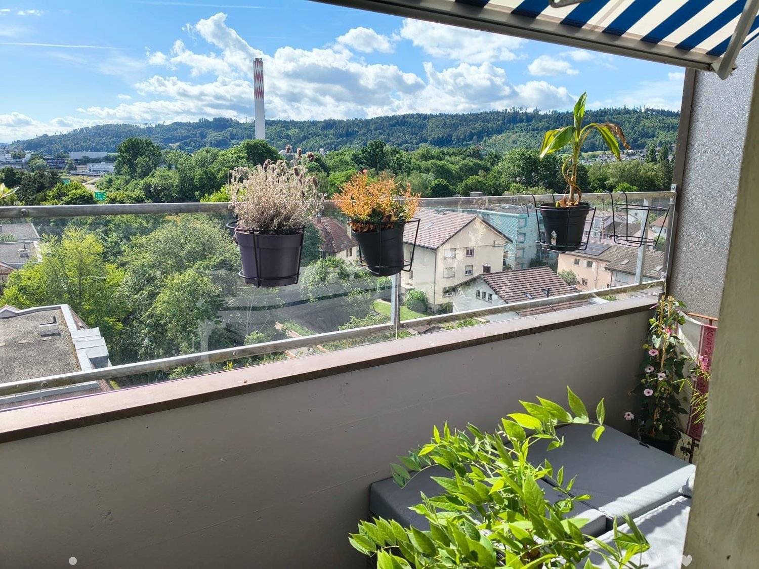 Balcony with glass railing, potted plants, and scenic view of a town and forested hills.