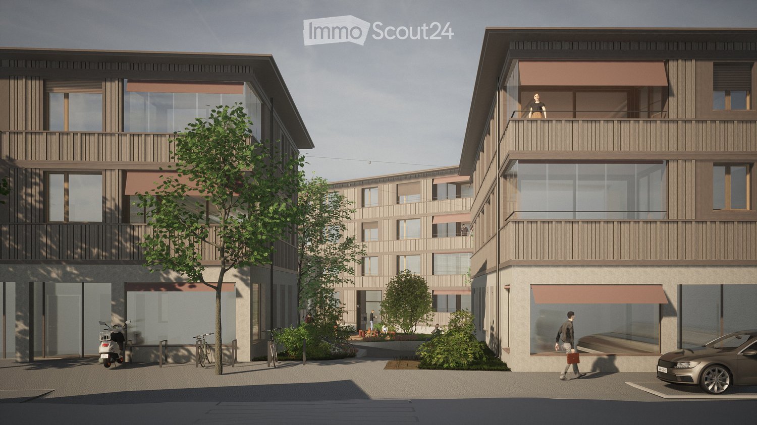 Two residential buildings, brown wooden exterior, glass windows, balconies, parking area, trees, and plants