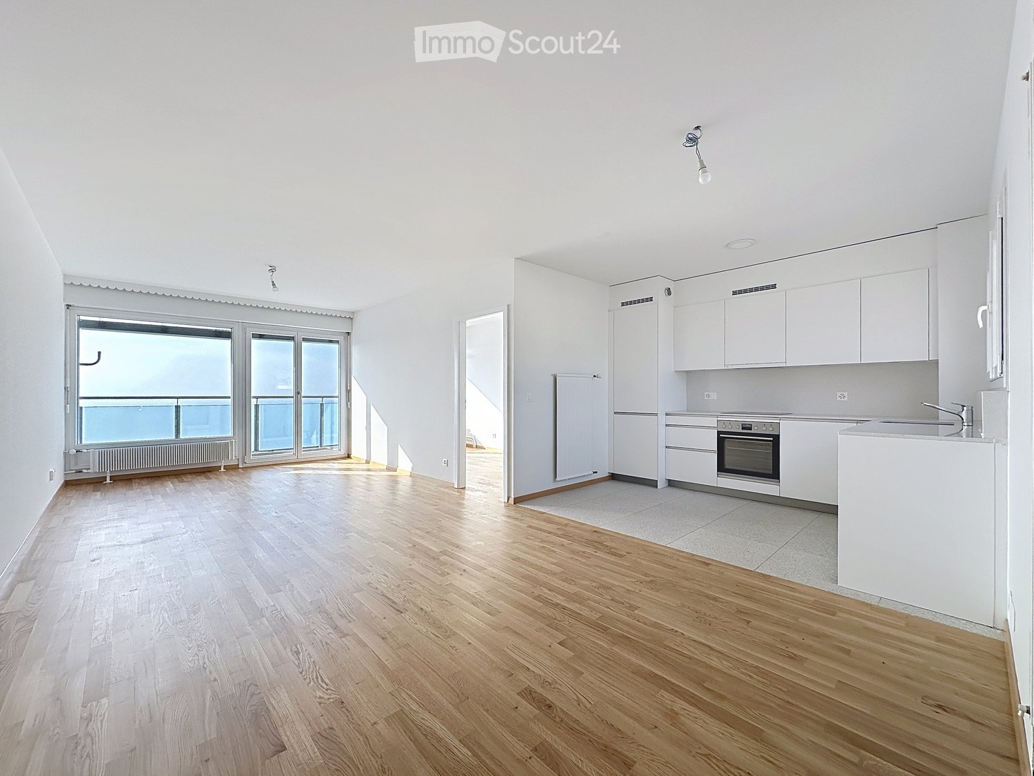 Bright, modern kitchen with white cabinets, stainless steel appliances, and a large window overlooking a balcony. The space features light wooden flooring and ample natural light.
