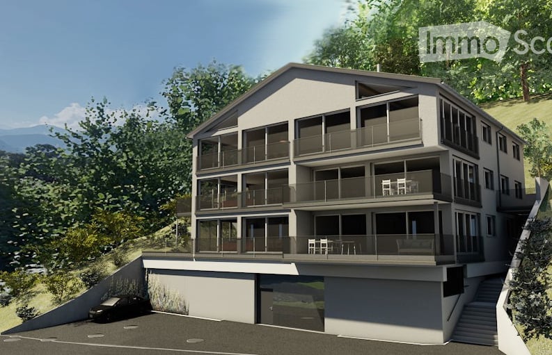 3-story apartment building with balconies, surrounded by trees and greenery, modern architectural design with clean lines and neutral colors