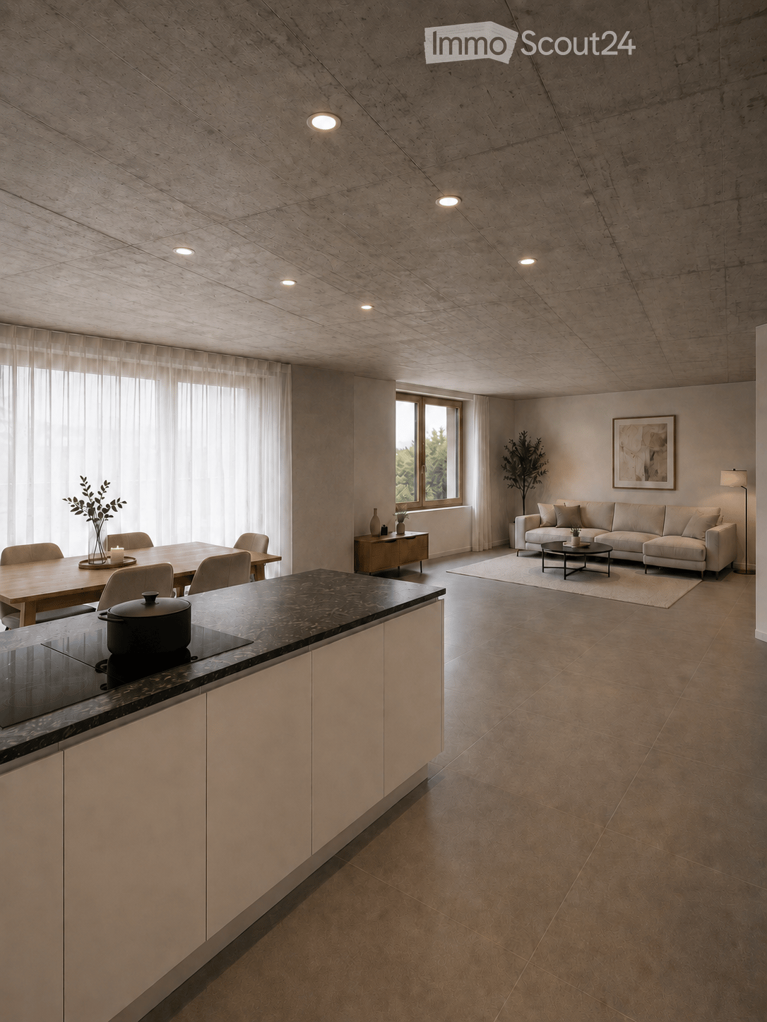 Open-plan living and dining area with modern furniture, large windows, and a kitchen island.