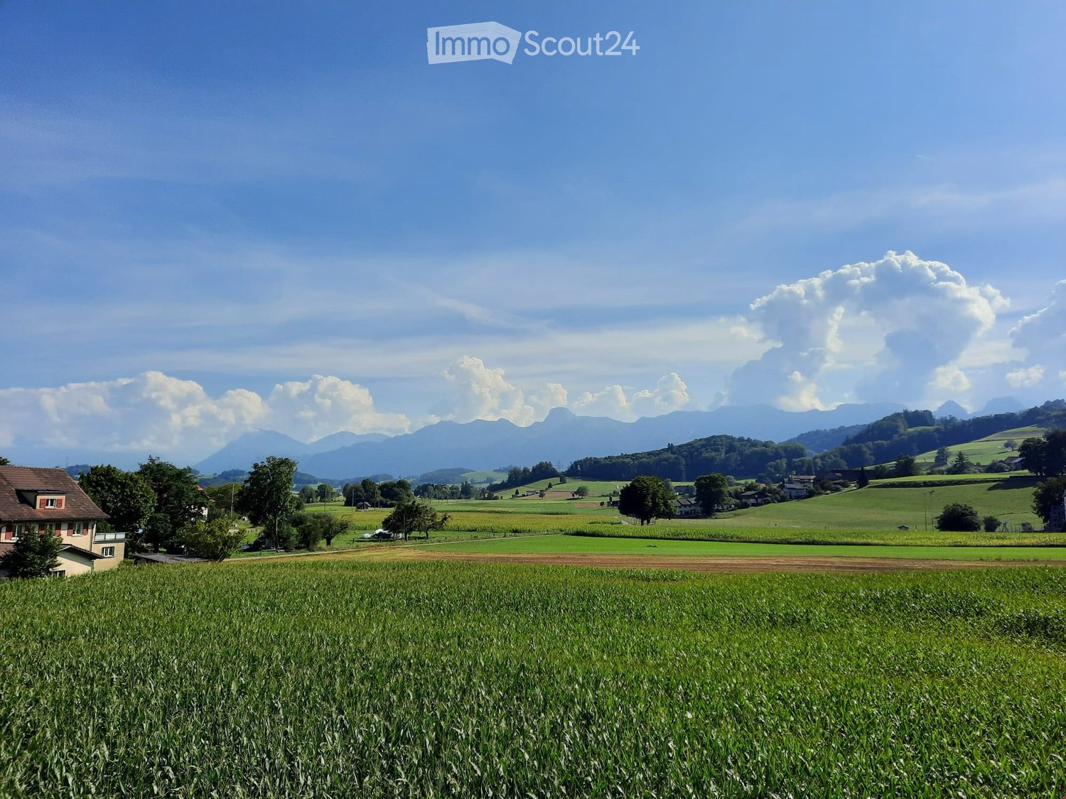 A peaceful rural landscape with green fields, scattered trees, a small house, and distant mountains under a clear blue sky.