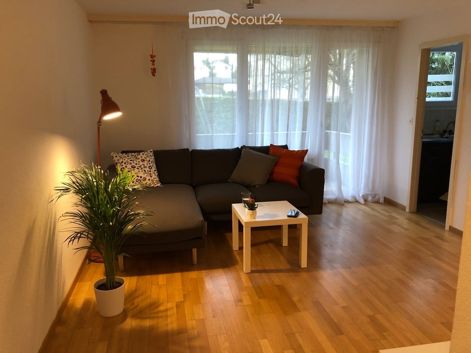 Modern living room with wooden flooring, large window with white curtains, grey sectional sofa, white coffee table, potted plant, and a floor lamp.
