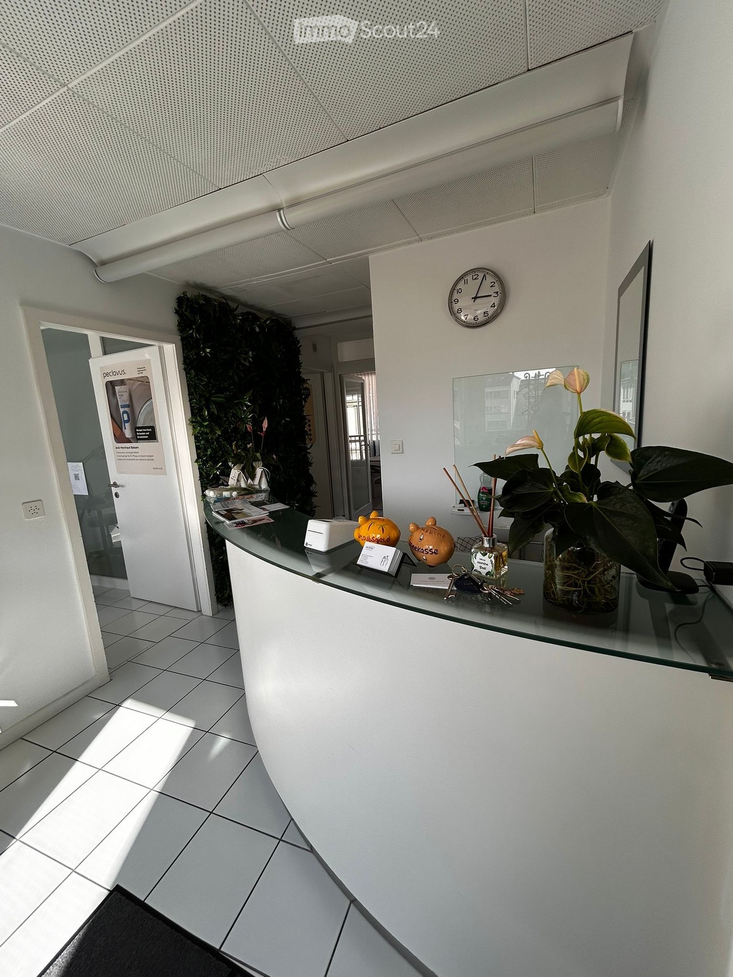 Modern reception area with a white reception desk, plant, clock, brochures, keys, and decorative items.
