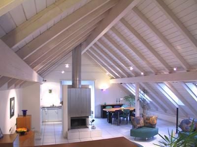 Open-plan living and dining area with exposed wooden beams, a central fireplace, a sofa, dining table with chairs, and a small kitchen area.