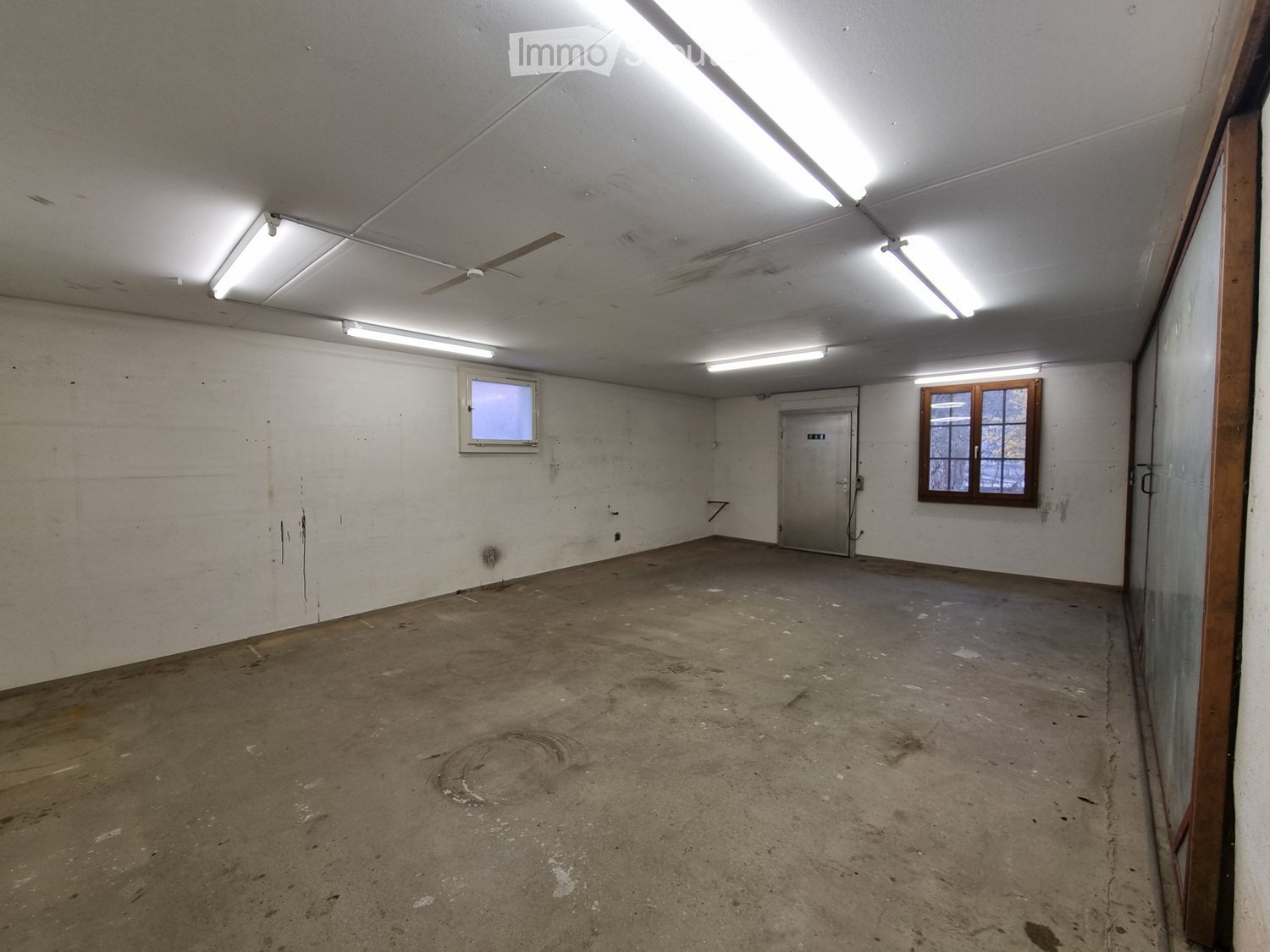Empty room with white walls, concrete floor, two small windows, metal door, and fluorescent ceiling lights.