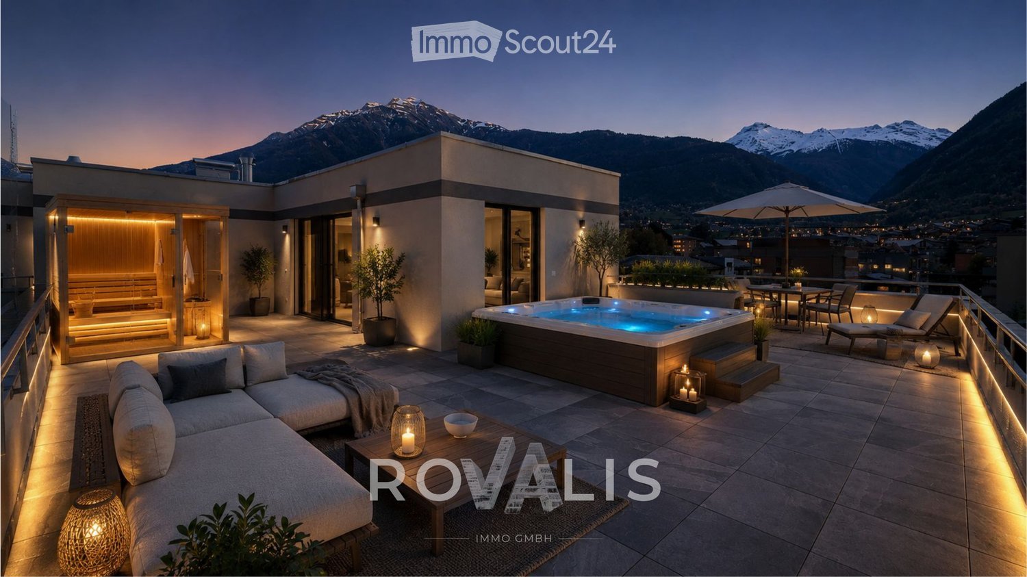 A luxurious rooftop terrace with a hot tub, seating area, dining table, and stunning mountain views.