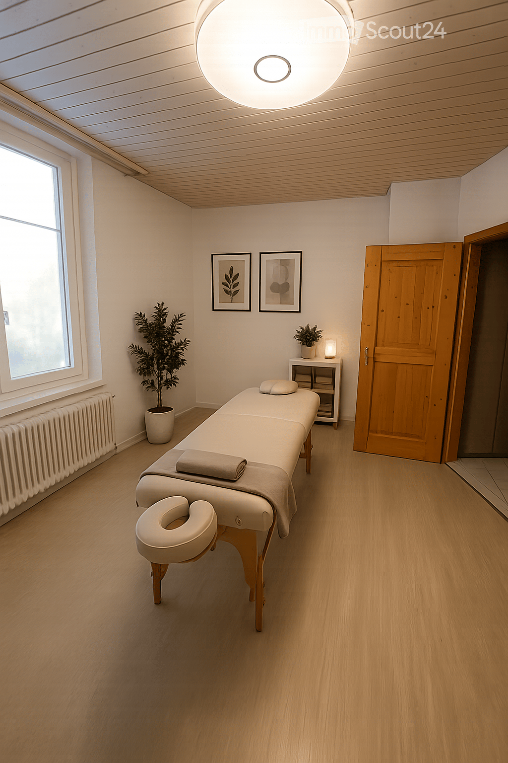A serene massage room with a wooden floor, a massage table, a small stool, a potted plant, a small table with a lamp, and two picture frames on the wall.