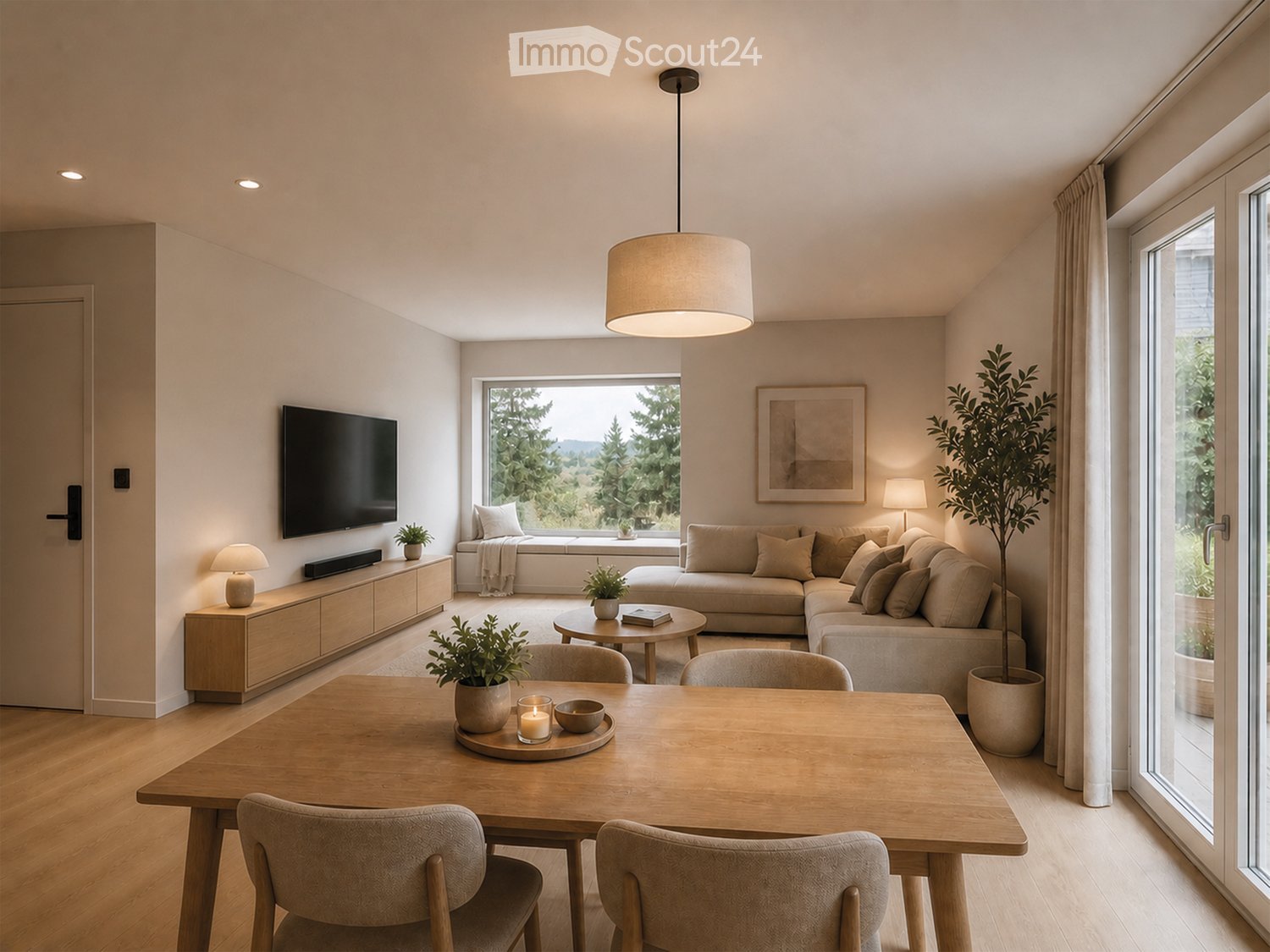 Modern living and dining area with a large window offering a scenic view, featuring a sectional sofa, coffee table, dining table with chairs, and decorative lamps.