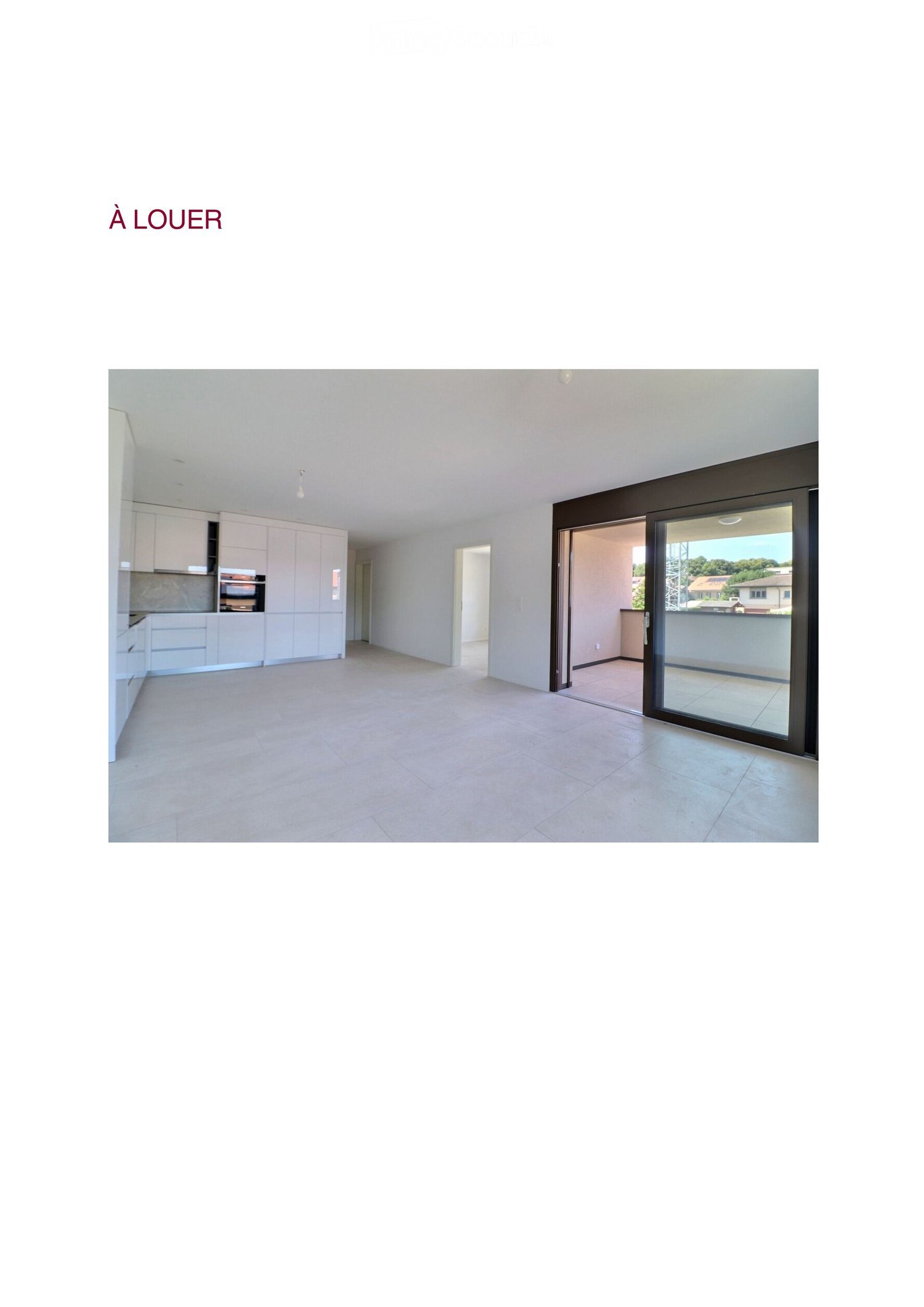 Empty room with tiled floor, white walls, and a sliding glass door leading to a balcony. The room has built-in kitchen cabinets and a doorway to another room.