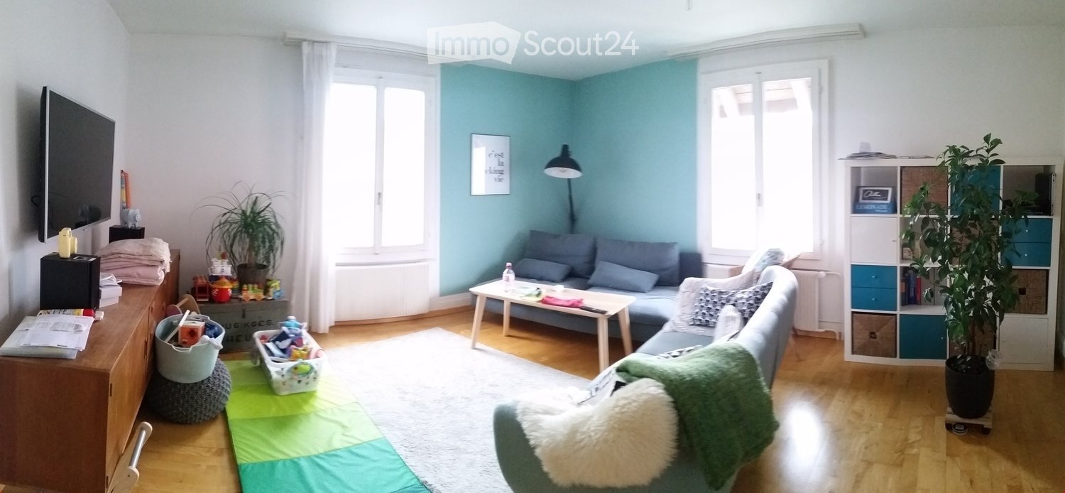 Bright living room with light blue walls, wooden flooring, large windows, a grey sofa, coffee table, TV, floor lamp, and potted plants.