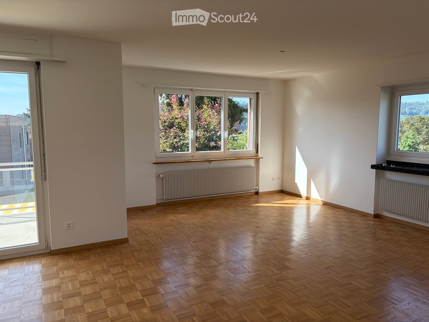 Empty room with wooden flooring, large windows, and radiators. No furniture or equipment present.