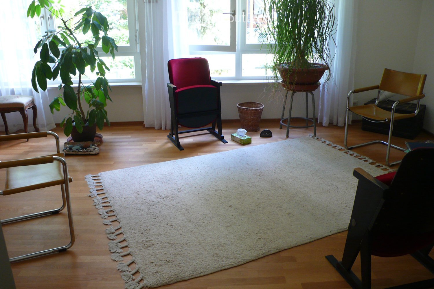 Bright living room with wooden flooring, large windows, and white curtains. Features a red armchair, a small wooden stool, a round table with a plant, and a large white rug with fringe edges.
