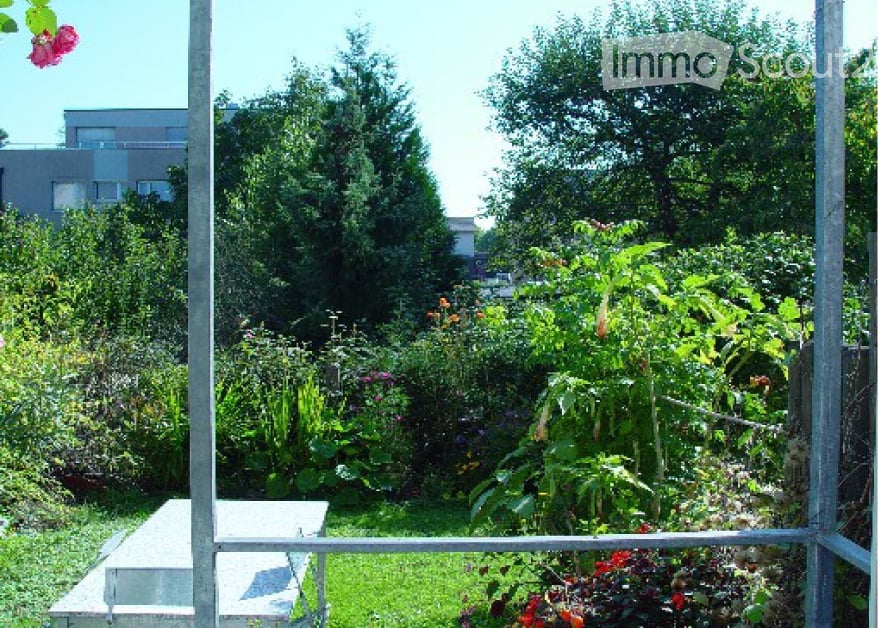 A lush garden area with various plants, flowers, and trees, enclosed by a metal fence. There is a small concrete bench and a visible section of a building in the background.