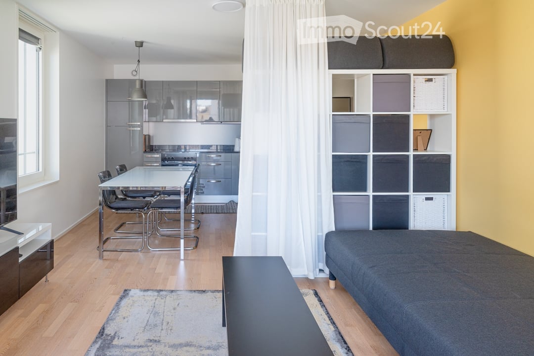 Modern, open-plan living and dining area with a grey sofa, a dining table with chairs, a kitchen area with cabinets, and a shelving unit with storage boxes.