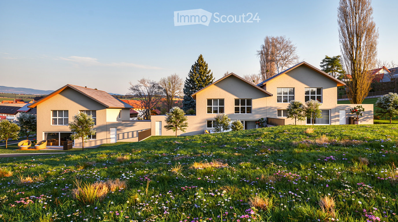 A modern, two-story house with a beige exterior and large windows, situated on a grassy hill with surrounding trees and a clear blue sky.