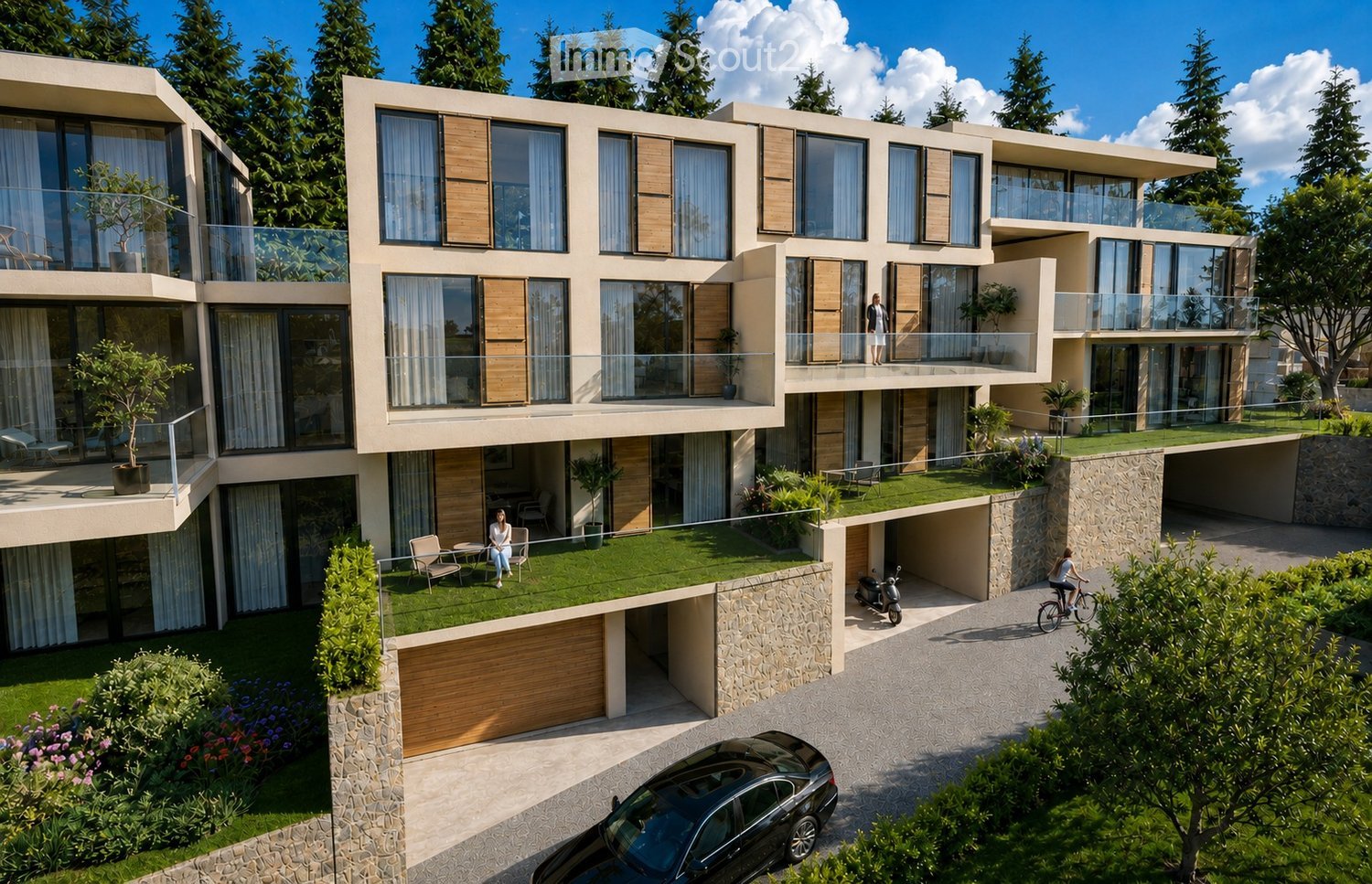 Modern two-story house with balconies, large windows, and a green rooftop terrace. Features include a garage, parking area, and landscaped garden.