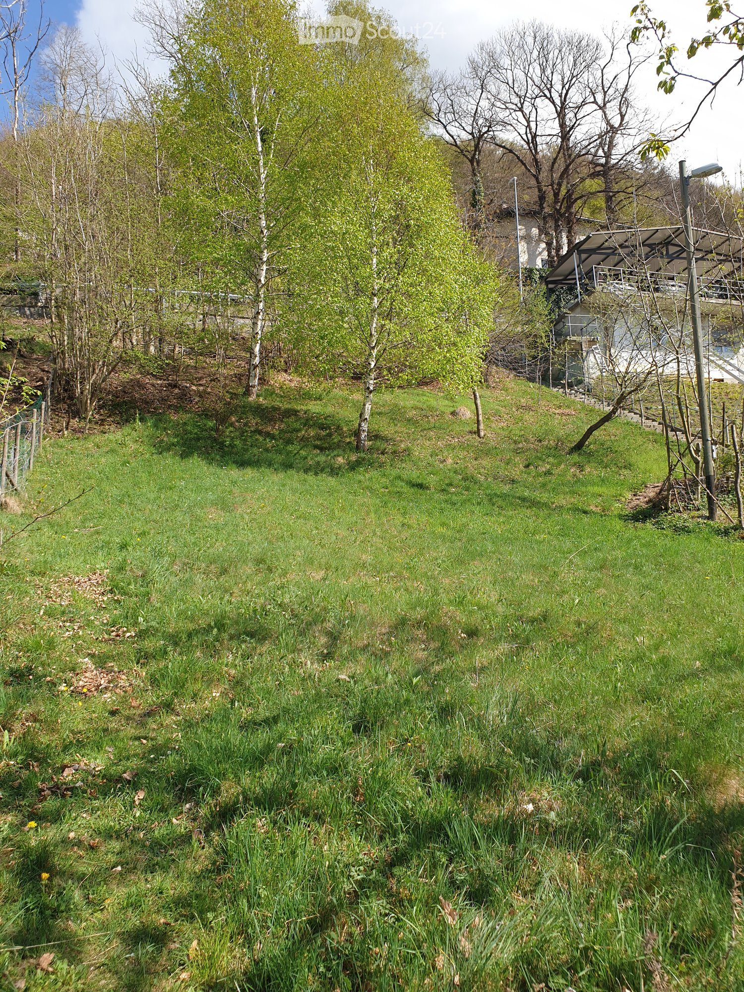 Lush green garden with grass, trees, and a small structure in the background.