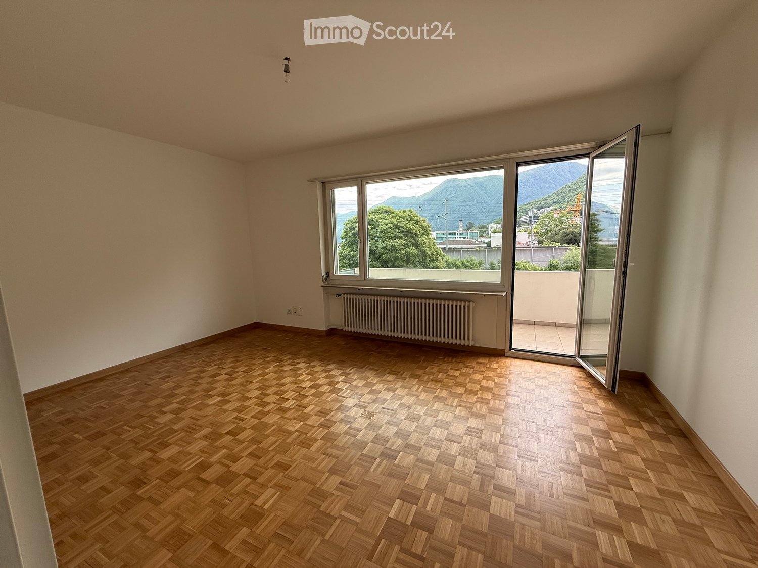 Empty room with wooden herringbone flooring, large windows, radiator, and sliding glass door leading to a balcony.