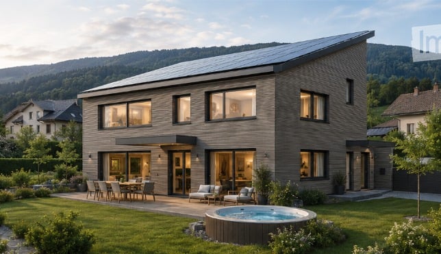 Modern two-story house with large windows, solar panels on the roof, and a spacious outdoor patio area featuring a swimming pool, outdoor seating, and a dining set.