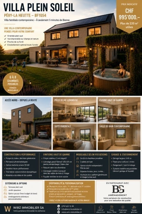 Contemporary family villa with 6.8 rooms, 220 m², solar panels, garage, swimming pool, and outdoor seating area.