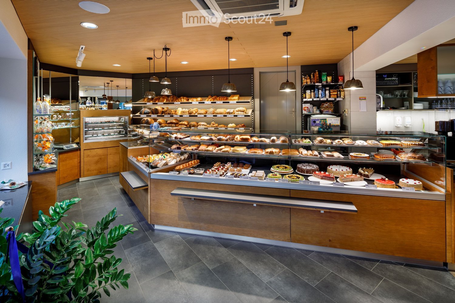 modern bakery with wooden counters, glass display cases, hanging lamps, shelves with various baked goods, plants, and a tiled floor