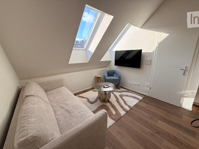 A modern living room with a grey sofa, a small round coffee table, a blue armchair, and a flat-screen TV mounted on the wall. The room features wooden flooring, a patterned rug, and skylight windows allowing natural light to fill the space.