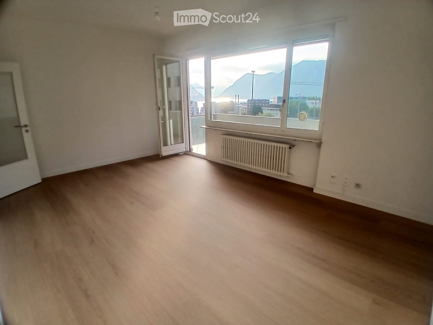 Empty room with wooden flooring, white walls, large window with a scenic view, and a radiator below the window.