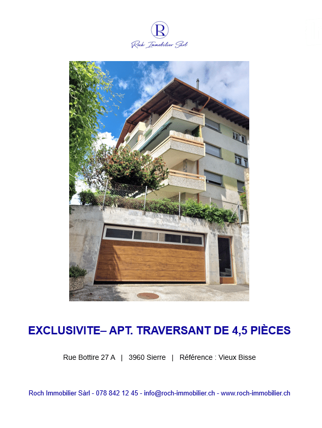 Multi-story residential building with balconies, garage, and greenery on the roof.