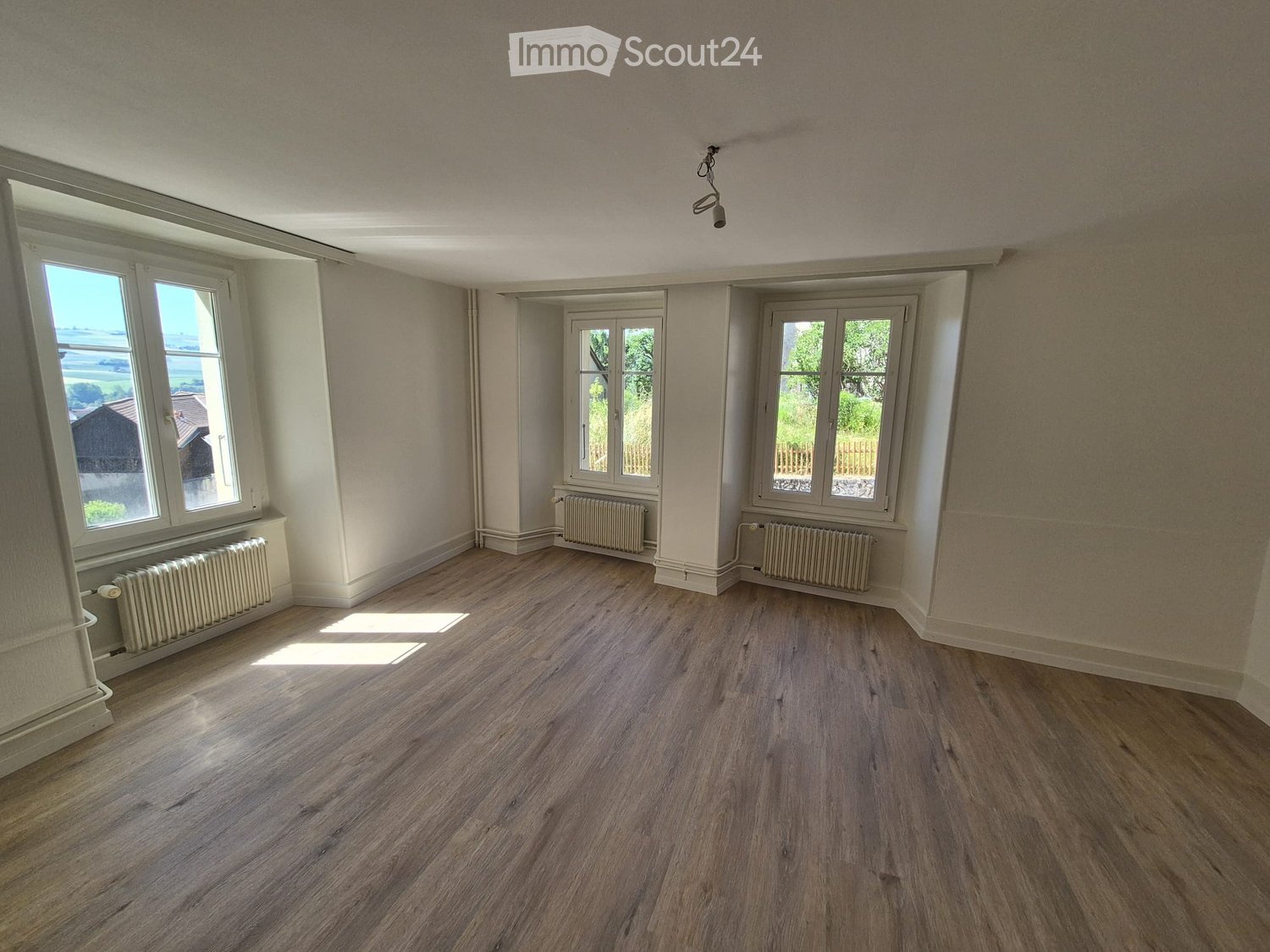 Empty room with wooden flooring, white walls, and multiple windows with radiators beneath them.