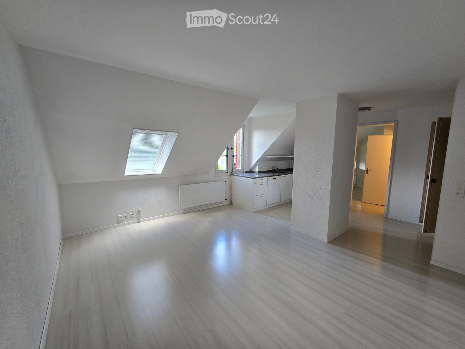 Bright, empty room with wooden flooring, white walls, and a skylight window. Adjacent kitchen area with white cabinets and a sink is visible through an open doorway.