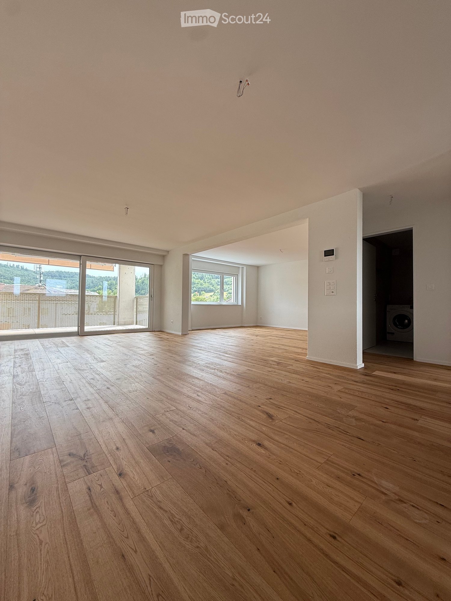 Empty room with wooden flooring, large sliding glass doors, and a view of the outdoors. A small adjacent space contains a washing machine.