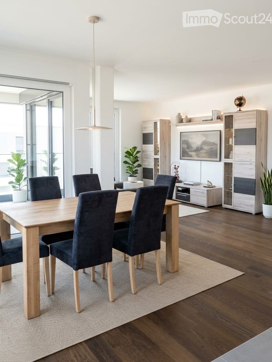 Modern dining room with a wooden dining table, six dark blue chairs, a pendant light, and a built-in cabinet with glass doors and decorative items.
