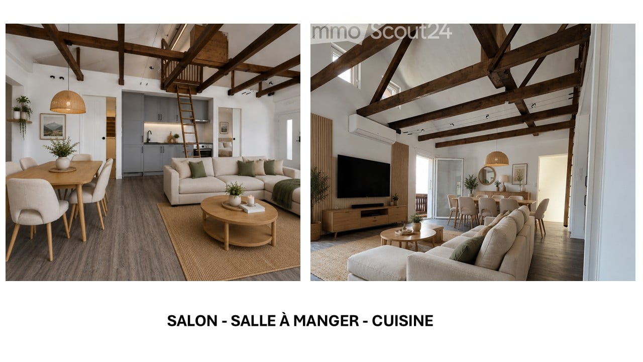 Open-concept living, dining, and kitchen area with exposed wooden beams, modern furniture, and integrated appliances.
