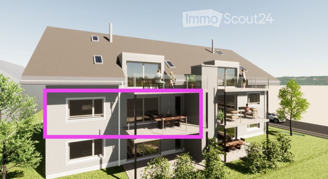 Modern two-story house with multiple balconies, large windows, and a spacious outdoor dining area on the lower level.