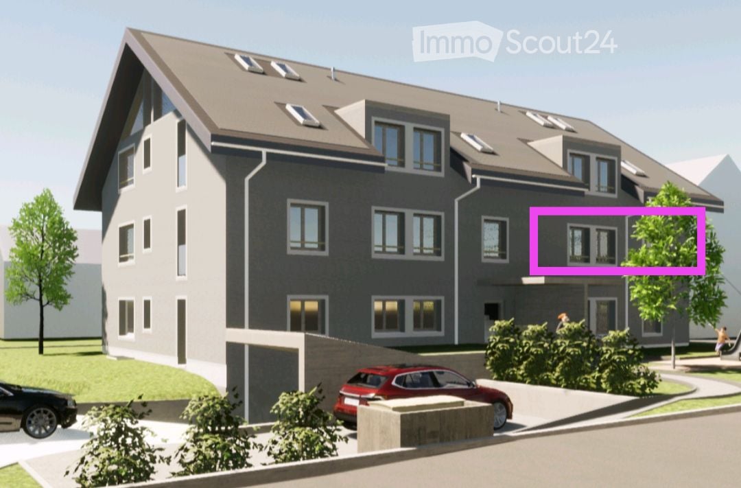 Modern two-story house with grey exterior, multiple windows, and a garage. Two cars are parked in front, and there is a small garden area with trees.