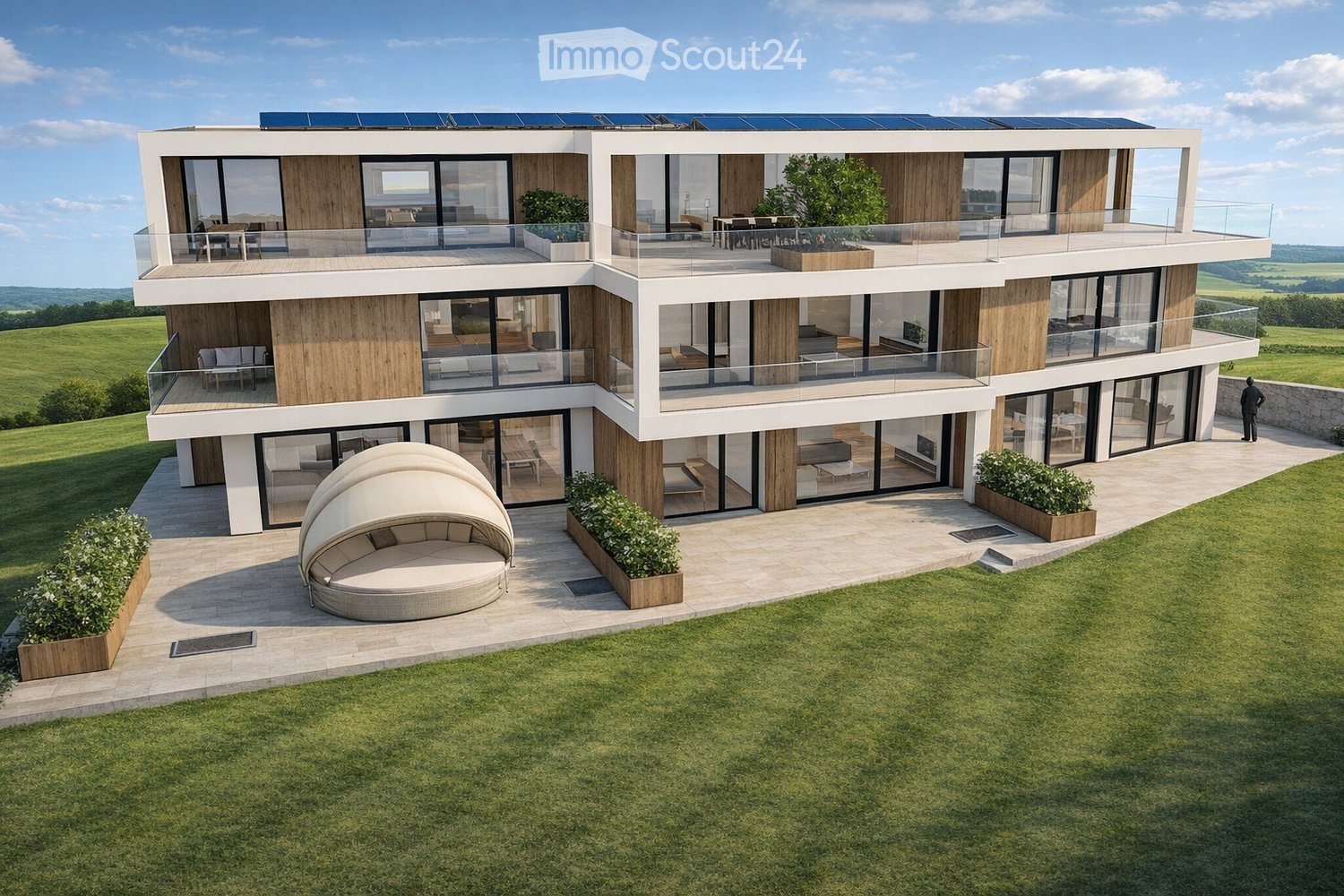 3 story house, solar panels, multiple balconies, garden, green surroundings