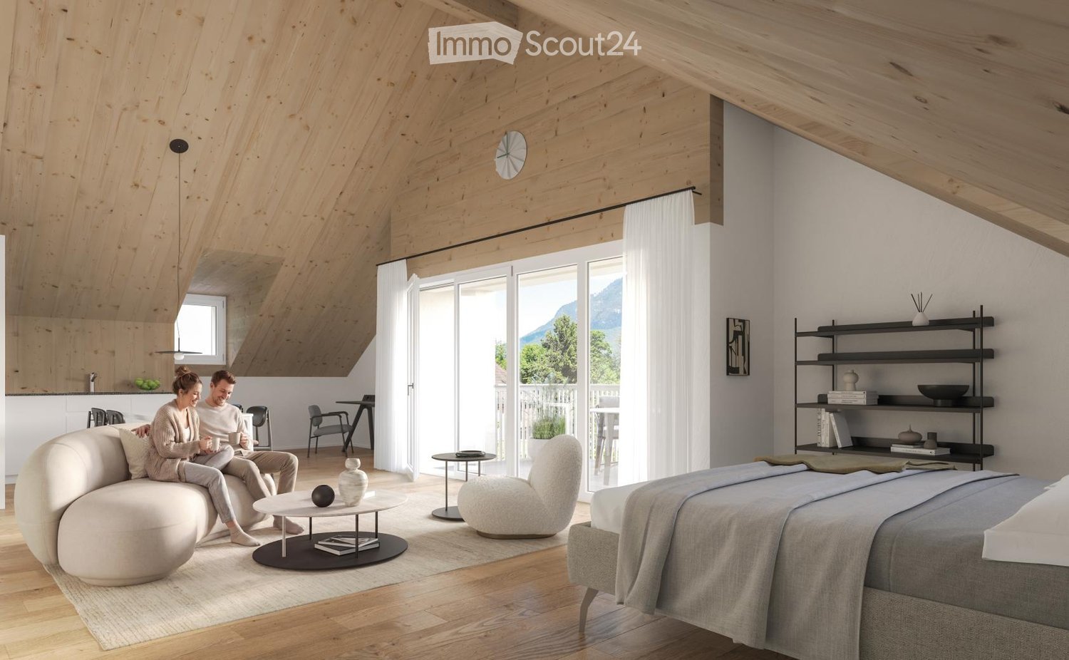 Modern, open-concept living and bedroom space with wooden ceilings and floors, large windows, a sofa, coffee table, bed, shelves, and decorative items.
