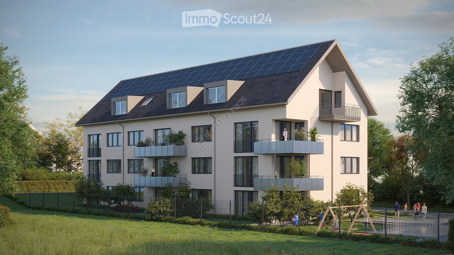 Modern two-story house with solar panels on the roof, multiple balconies, large windows, and a well-maintained lawn with a playground area.