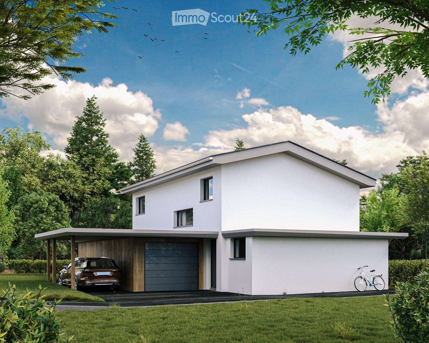 2 story white house, garage, parking place
