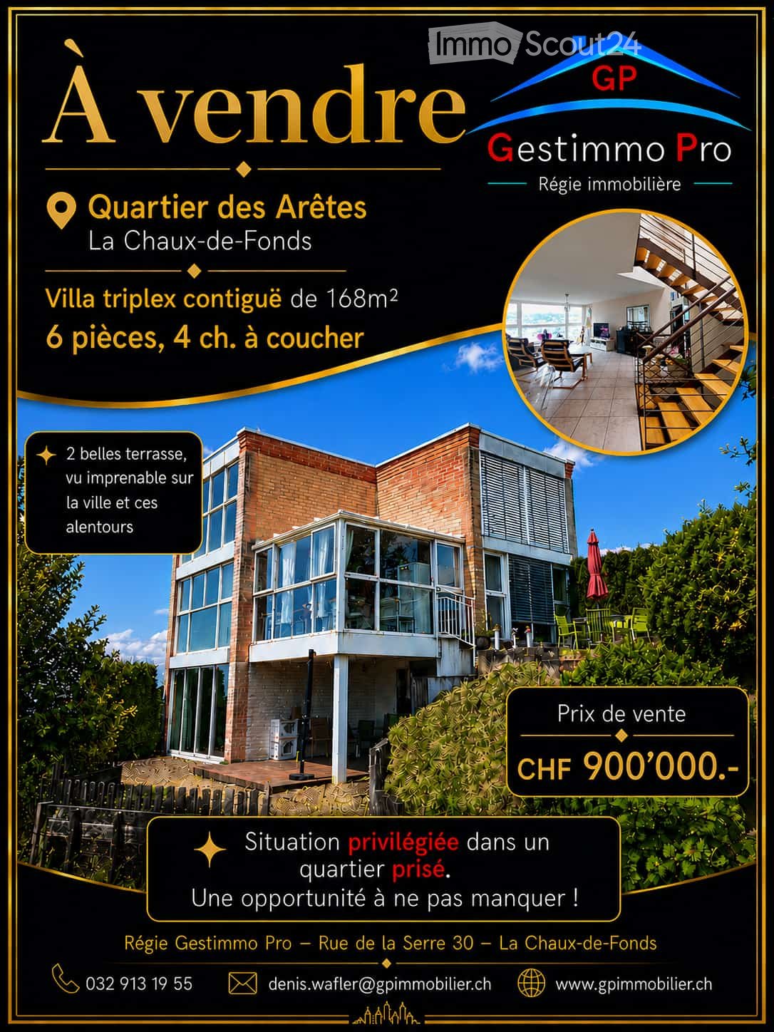 Promotional poster for a triplex villa in La Chaux-de-Fonds, featuring a modern exterior with large windows, balconies, and outdoor seating areas.