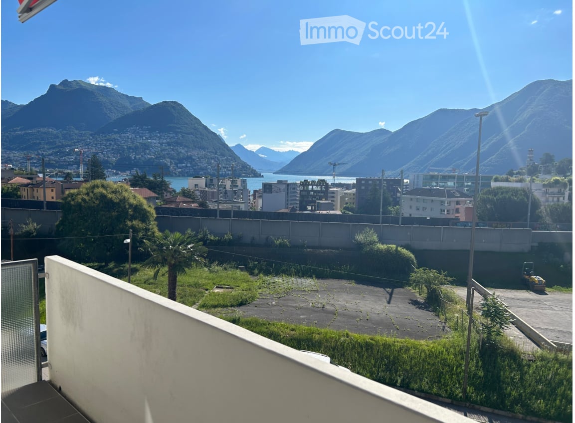 elevated view with balcony railing, mountains, city, lake