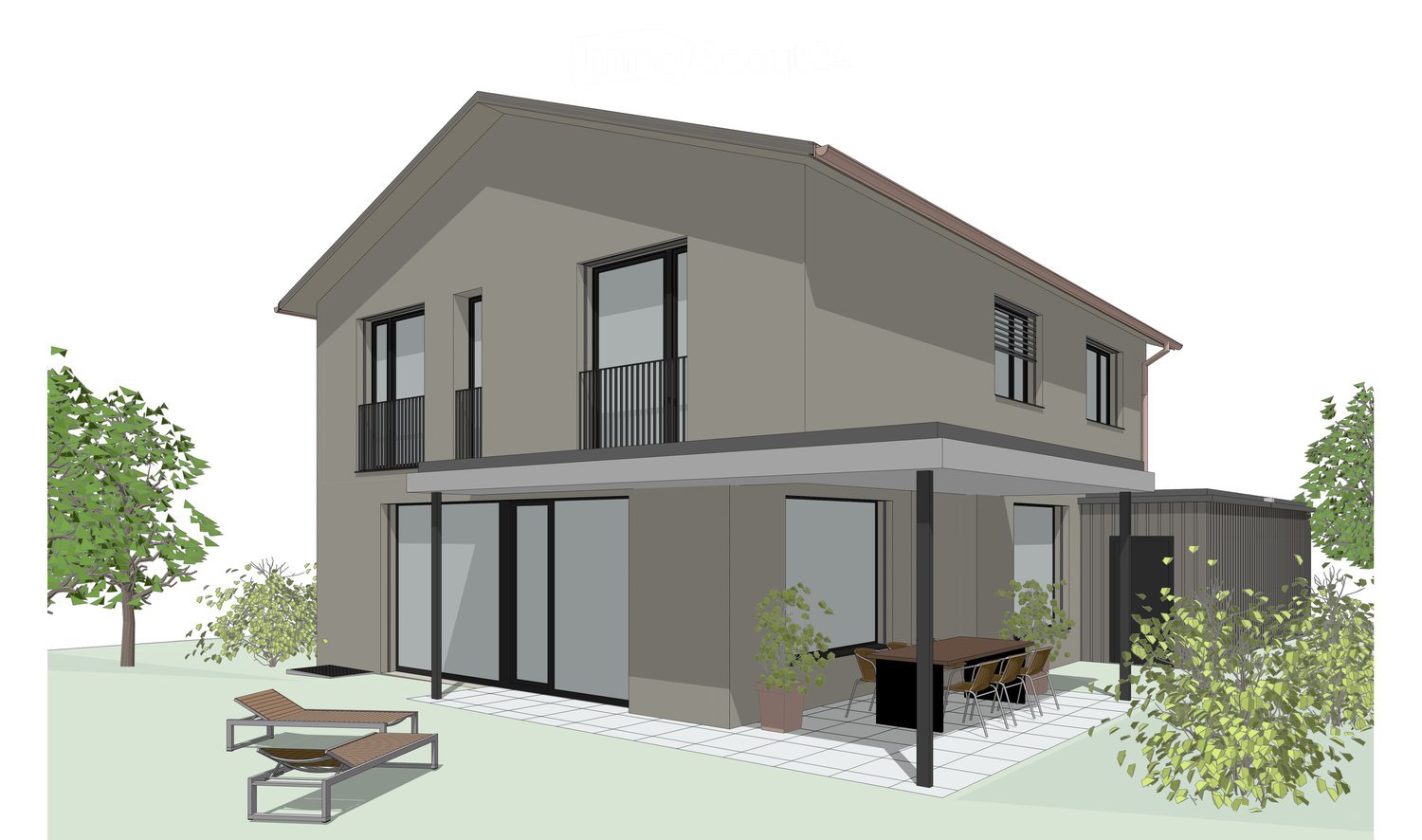 Modern two-story house with grey exterior, large windows, and a balcony on the upper floor. The ground floor features a covered patio area with a dining table, chairs, and lounge chairs.