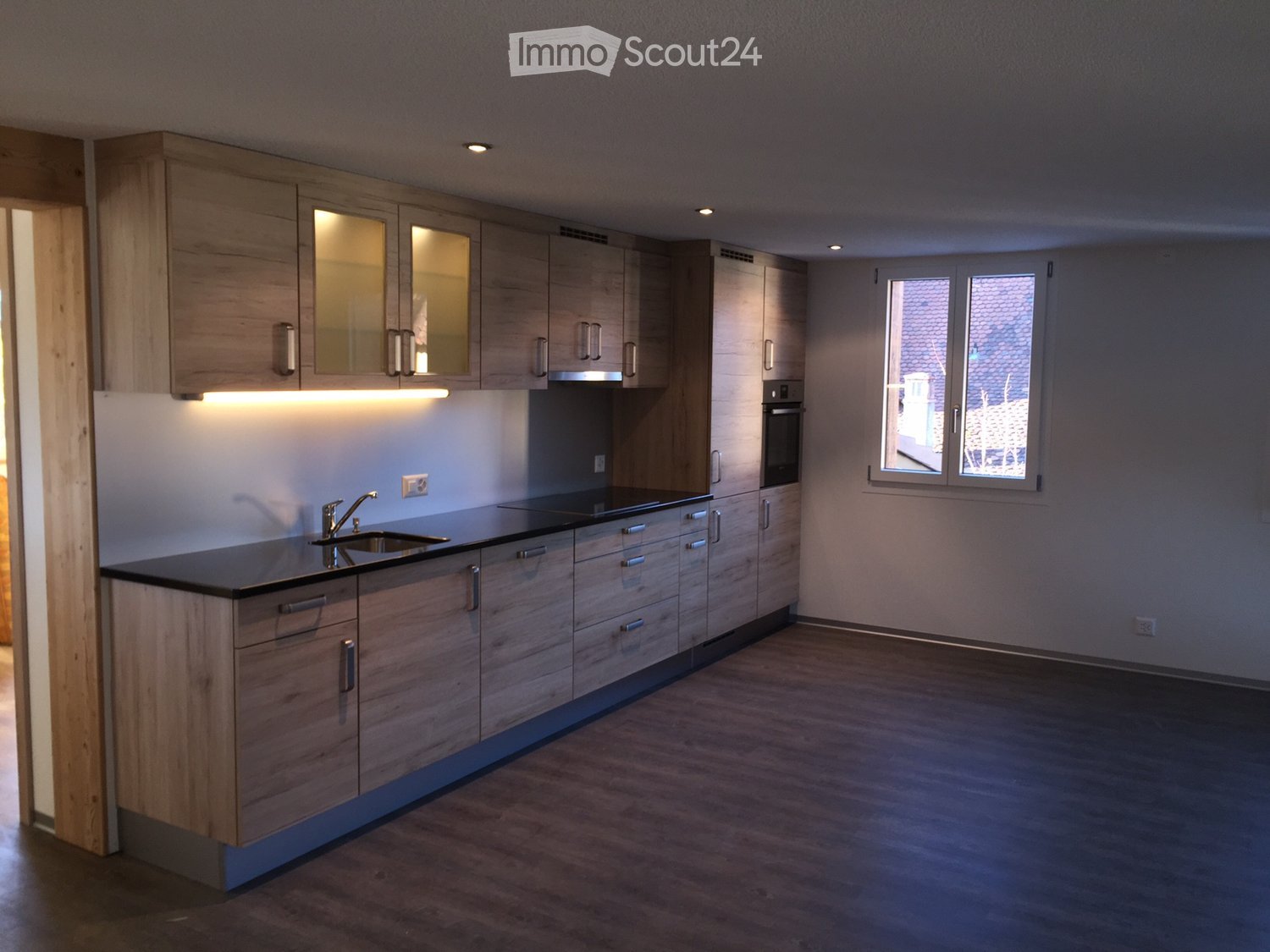 Modern, unfurnished kitchen with wooden cabinets, stainless steel appliances, and a black countertop. The space features built-in storage, a sink, and a window offering a view of the roof.
