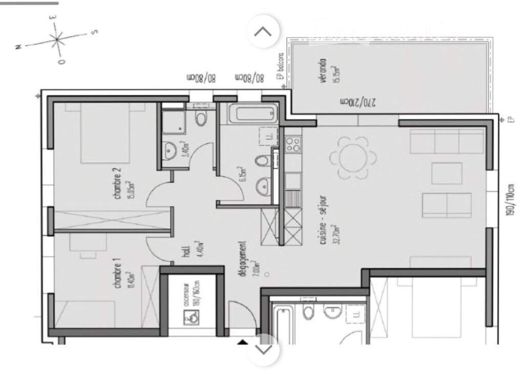 Floor plan of a 3-bedroom apartment with a living room, kitchen, hallway, and bathroom.